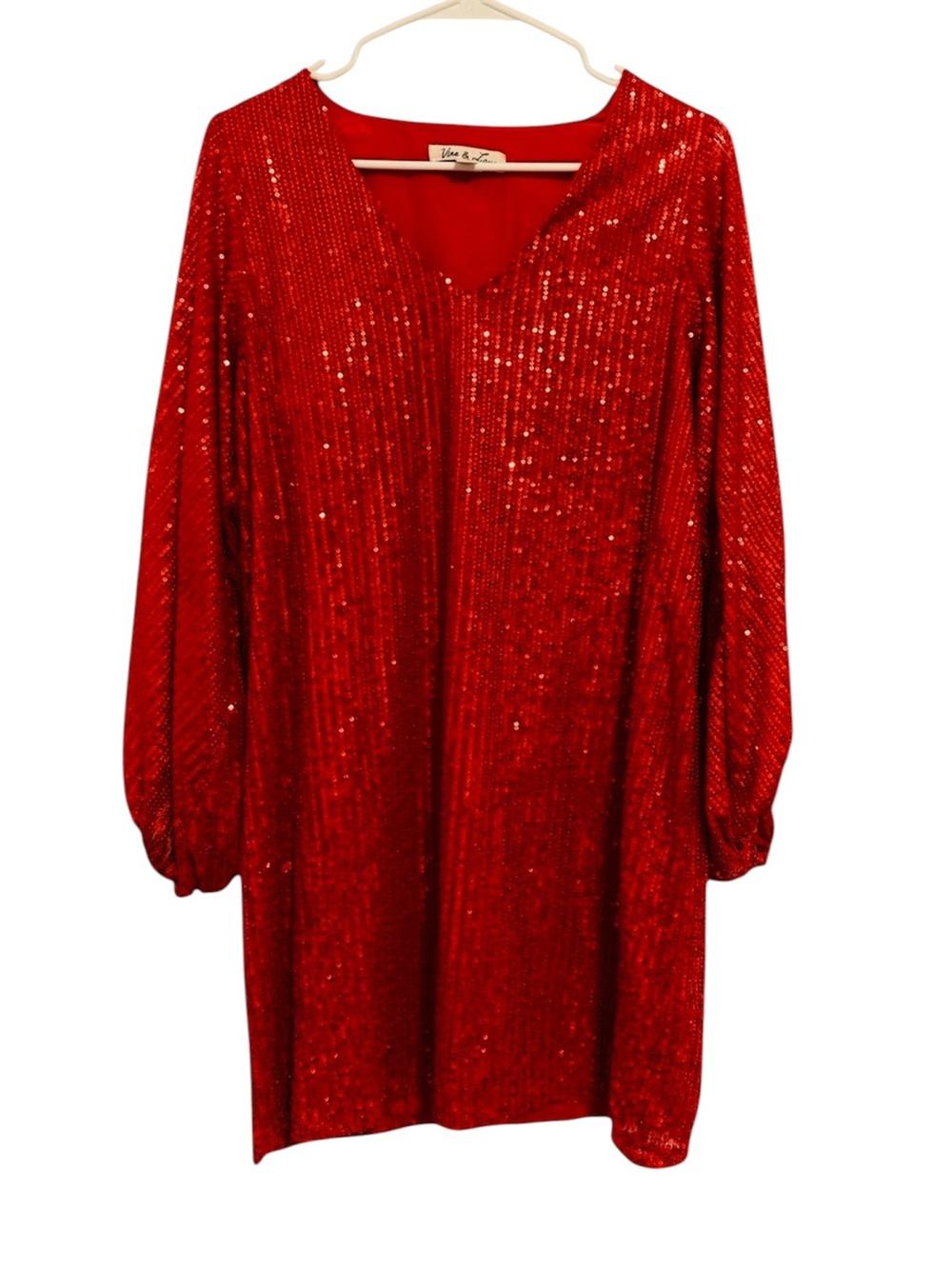 Vine & Love Red Sequin Long Sleeve V Neck Mini Dress Medium